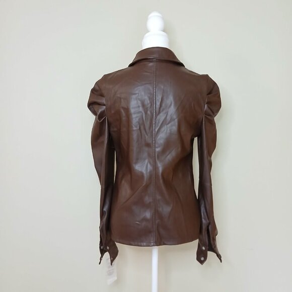 NWT 7 For All Mankind Vegan Faux Leather Puff Sleeve Top Brown Size Small - Picture 4 of 9